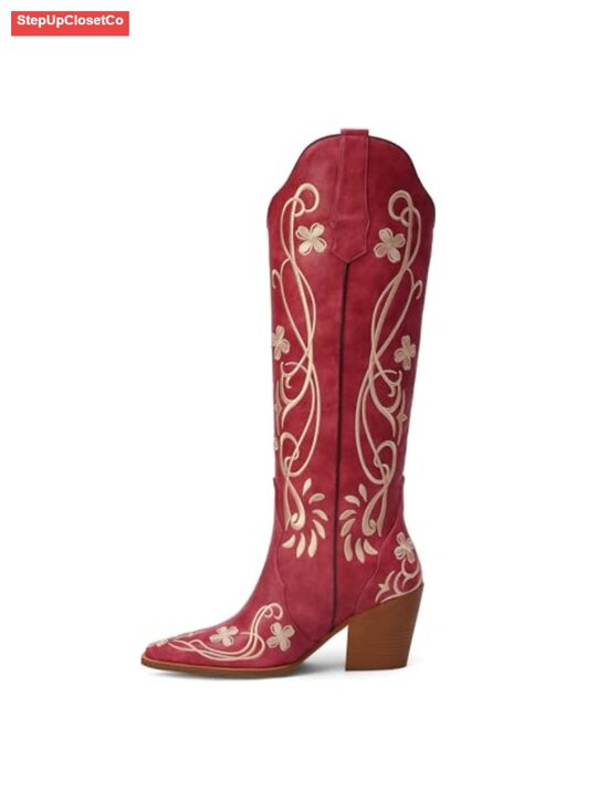 Shoes - Faux Leather Knee High Cowboy Boots Block Heel Pull On